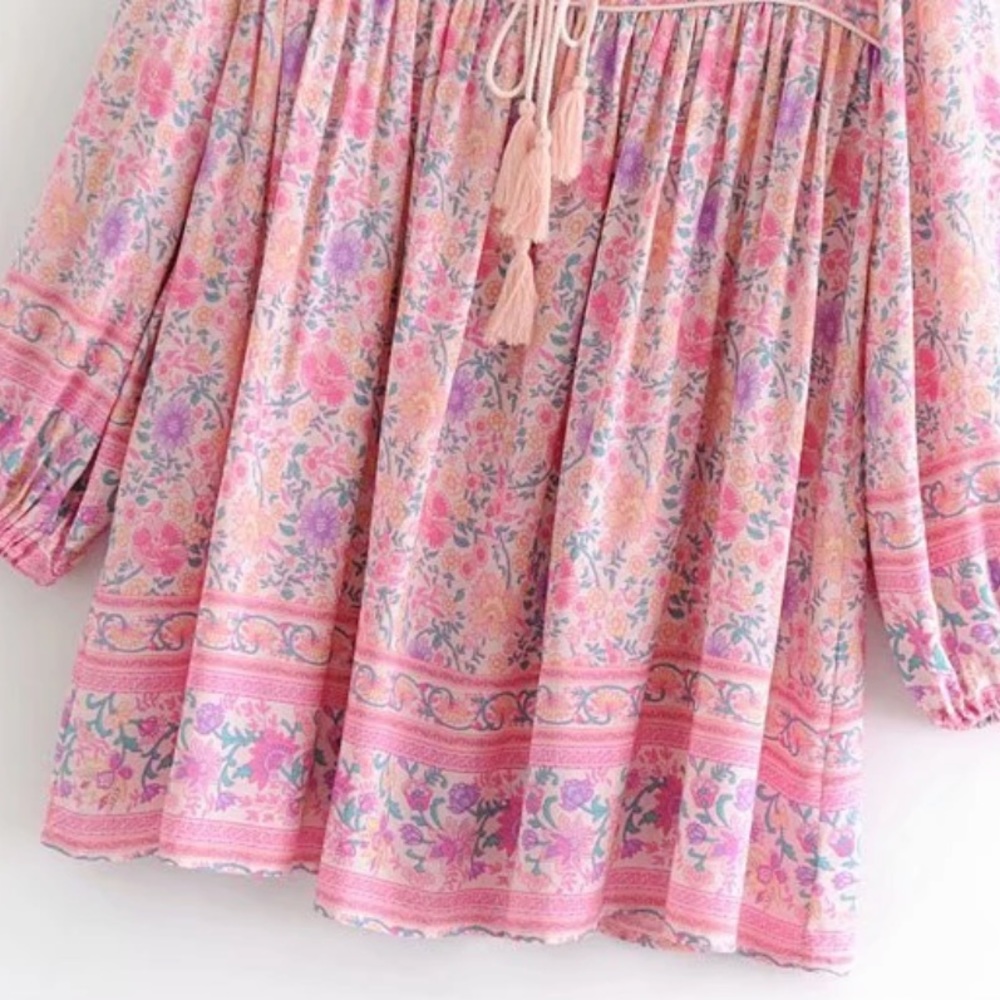 Babydoll Boho Floral Gypsy Print Dress Pink - Picture 5 of 12